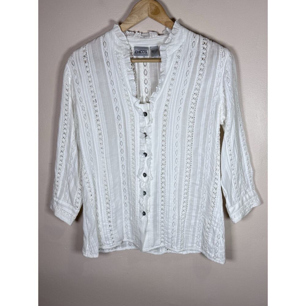 VTG Chicos Womens Button Up Top Crochet Lace Ruffle Coquette Cottage Boho S